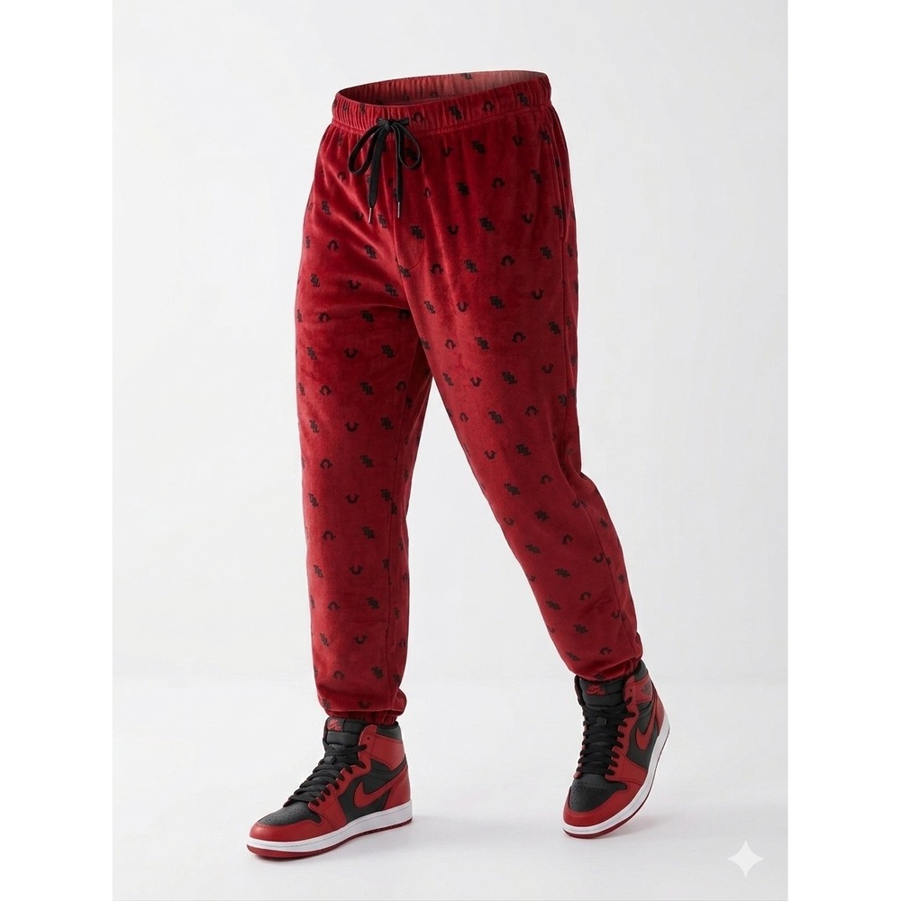 True Religion Mens Red Velour Loungewear Monogram Logo Lounge Pants Med